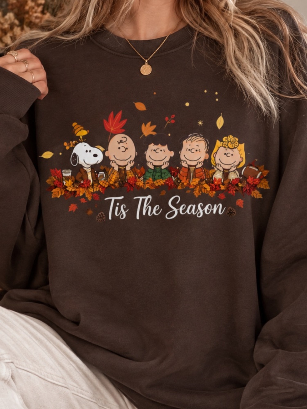 Peanuts Snoopy Charlie Brown Tis The Season Autumn Leaves Brown Sweatshirt